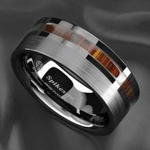 Load image into Gallery viewer, Men&#39;s Wedding Band Rings - Silver Black Off Center Koa Wood - Wedding Rings for Men and Women
