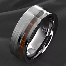 Load image into Gallery viewer, Men&#39;s Wedding Band Rings - Silver Black Off Center Koa Wood - Wedding Rings for Men and Women
