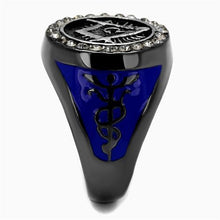 Load image into Gallery viewer, Anillo Color Negro Para Hombres y Ninos de Acero Inoxidable Logo Masonico Con Lados Azules - Jewelry Store by Erik Rayo
