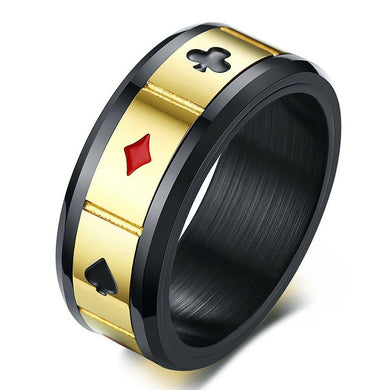 Band Ring Card Suits Size 8-12 Stainless Steel Black & Gold Grooved Spinning Hearts Diamonds Clubs Spades - Jewelry Store by Erik Rayo
