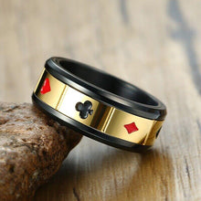 Load image into Gallery viewer, Band Ring Card Suits Size 8-12 Stainless Steel Black &amp; Gold Grooved Spinning Hearts Diamonds Clubs Spades - ErikRayo.com
