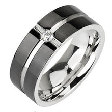 Load image into Gallery viewer, Band Ring Solitaire Cross Size 9-13 316L Stainless Steel Black Striped CZ Comfort Fit - Jewelry Store by Erik Rayo

