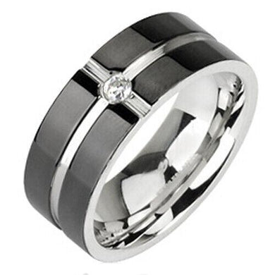 Band Ring Solitaire Cross Size 9-13 316L Stainless Steel Black Striped CZ Comfort Fit - Jewelry Store by Erik Rayo