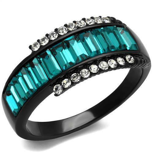 Black Stainless Steel Aqua Aquamarine Zircon cz Blue Baguette Cut Band Ring - Jewelry Store by Erik Rayo