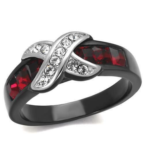 Black Stainless Steel Ruby Red Princess & Clear CZ Women's Fashion x Band Ring - Jewelry Store by Erik Rayo