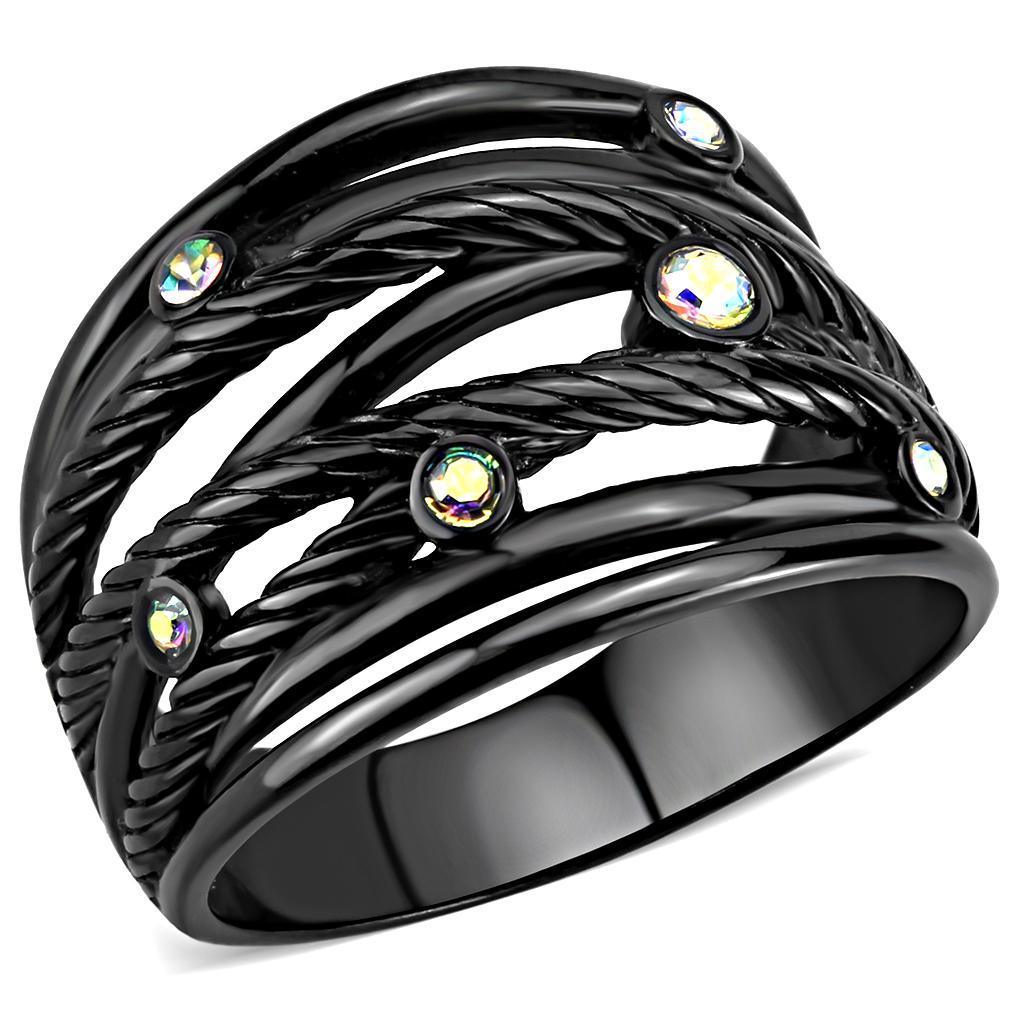 Black Womens Ring Anillo Para Mujer y Ninos Unisex Kids 316L Stainless Steel Ring with Top Grade Crystal in Aurora Borealis (Rainbow Effect) - Jewelry Store by Erik Rayo