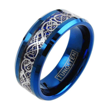 Load image into Gallery viewer, Tungsten Rings for Men Wedding Bands for Him Womens Wedding Bands for Her 6mm Blue IP Plated with Celtic Knot Dragon
