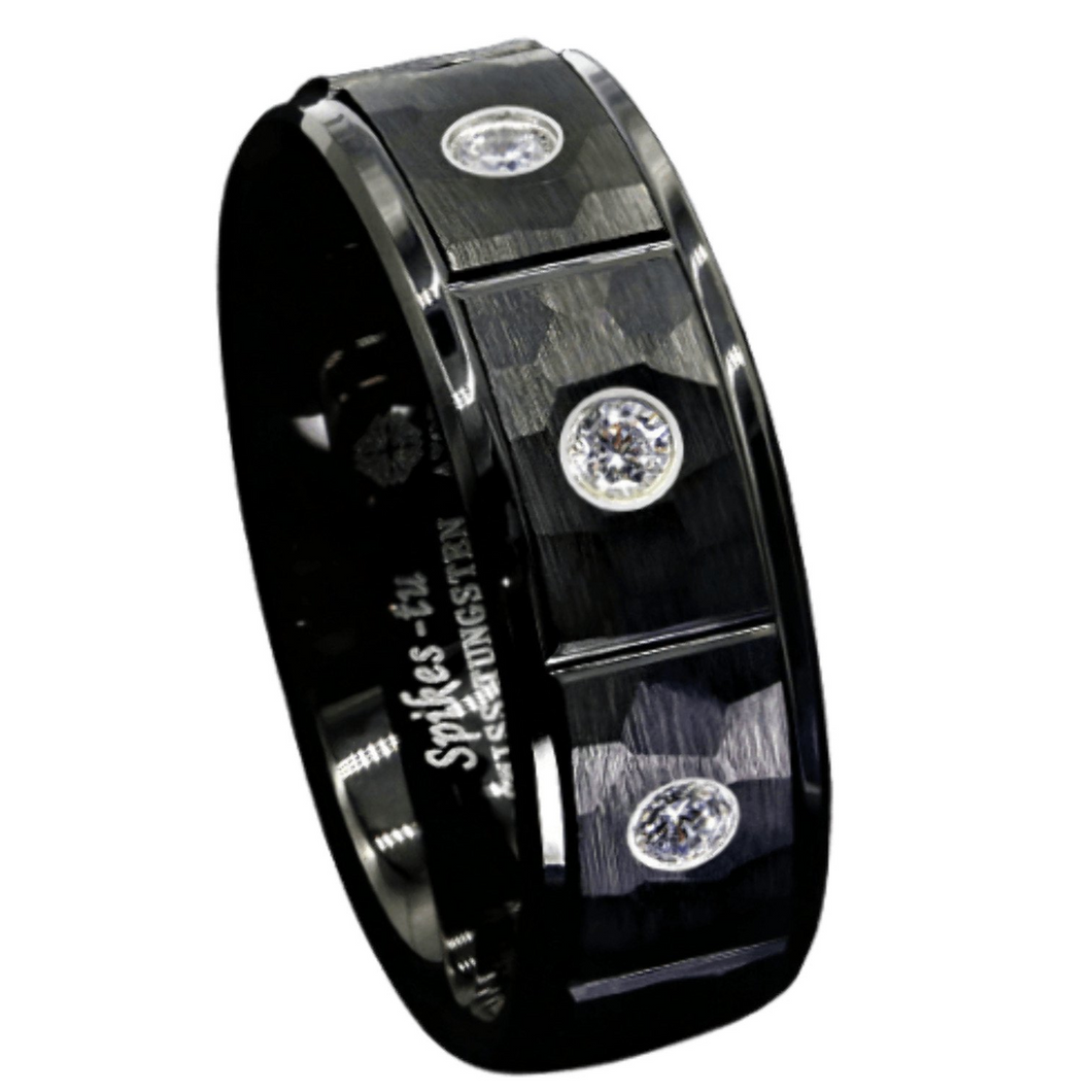 Men's Black Brushed Wedding Band with 3 Diamond Inlays - Rock Skin Design - Unisex Wedding Ring