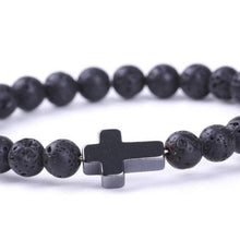 Load image into Gallery viewer, Bracelet Jesus Cross Christian Black Lava Beaded Wristlet Howlite Natural Africa Stones - Jewelry Store by Erik Rayo
