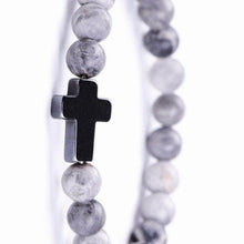 Load image into Gallery viewer, Bracelet Jesus Cross Christian Gray Beaded Wristlet Howlite Natural Africa Stones - Jewelry Store by Erik Rayo
