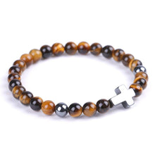 Load image into Gallery viewer, Bracelet Jesus Cross Christian Tiger Eye Beaded Wristlet Howlite Natural Africa Stones - Jewelry Store by Erik Rayo
