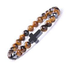 Load image into Gallery viewer, Bracelet Jesus Cross Christian Tiger Eye Beaded Wristlet Howlite Natural Africa Stones - Jewelry Store by Erik Rayo
