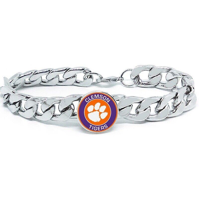 Clemson Tigers Bracelet Silver Stainless Steel Mens and Womens Curb Link Chain Football Gift - ErikRayo.com