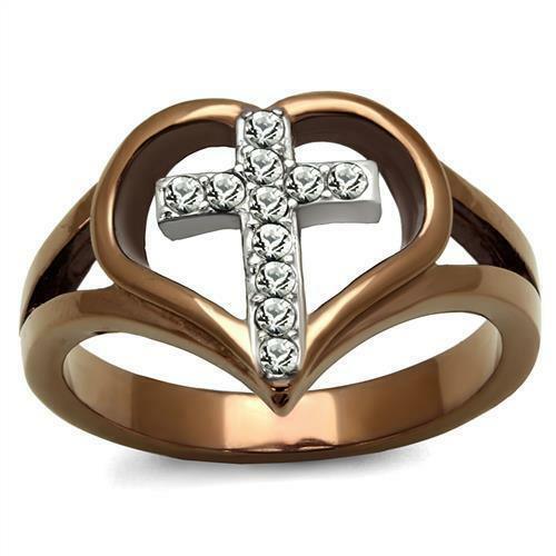 Cross & Heart Coffee Chocolate Brown Stainless Steel Christian Crystal Ring Anillo Para Mujer - Jewelry Store by Erik Rayo