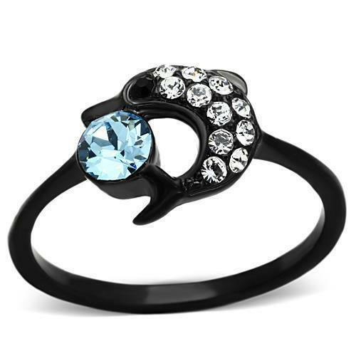Dolphin Round Cut Aqua Baby Blue CZ Black Stainless Steel Women's Ring 5-10 Anillo Para Mujer - Jewelry Store by Erik Rayo