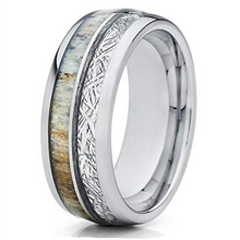 Load image into Gallery viewer, Men&#39;s Wedding Band Rings - Silver Tungsten Deer Antler &amp; White Meteorite - Wedding Rings for Men &amp; Women
