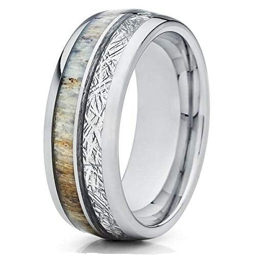 Men's Wedding Band Rings - Silver Tungsten Deer Antler & White Meteorite - Wedding Rings for Men & Women