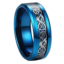 Load image into Gallery viewer, Tungsten Rings for Men Wedding Bands for Him Womens Wedding Bands for Her 6mm Blue IP Plated with Celtic Knot Dragon
