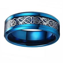 Load image into Gallery viewer, Tungsten Rings for Men Wedding Bands for Him Womens Wedding Bands for Her 8mm Blue IP Plated with Celtic Knot Dragon
