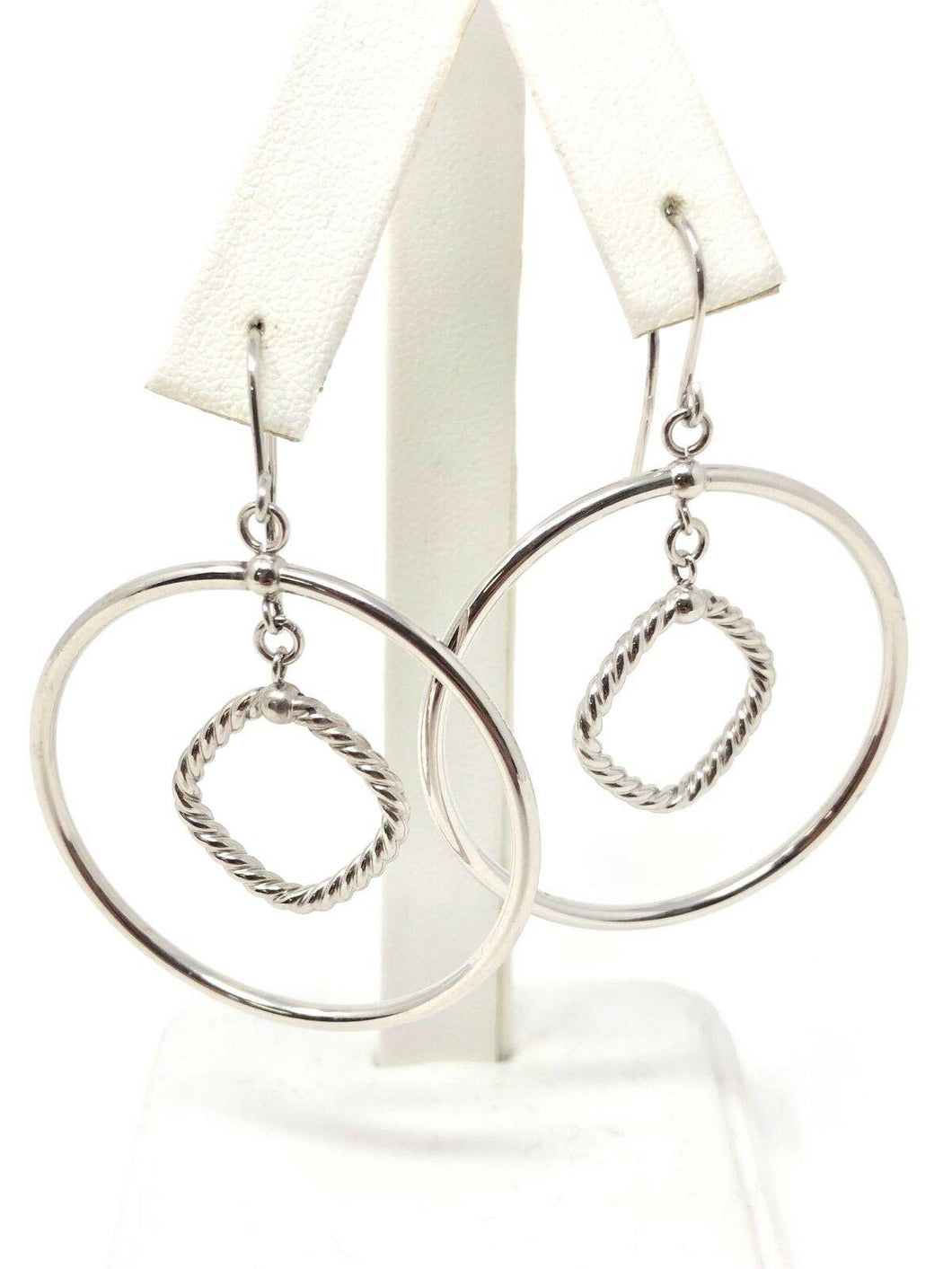 Italian 14k White Gold Hollow Round Dangling Earrings 2.25