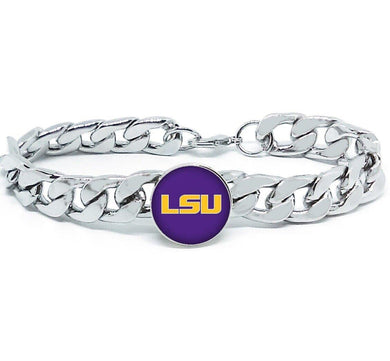 LSU Tigers Bracelet Silver Stainless Steel Mens and Womens Curb Link Chain Football Gift - ErikRayo.com