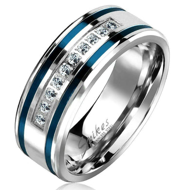 Men's Band Ring Blue Stripes Size 9-13 Stainless Steel Grooved Double 0.10 Carat CZ - Jewelry Store by Erik Rayo
