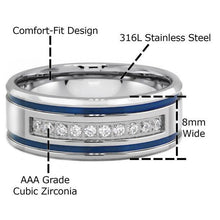 Load image into Gallery viewer, Men&#39;s Band Ring Blue Stripes Size 9-13 Stainless Steel Grooved Double 0.10 Carat CZ - Jewelry Store by Erik Rayo
