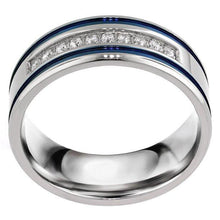 Load image into Gallery viewer, Men&#39;s Band Ring Blue Stripes Size 9-13 Stainless Steel Grooved Double 0.10 Carat CZ - Jewelry Store by Erik Rayo
