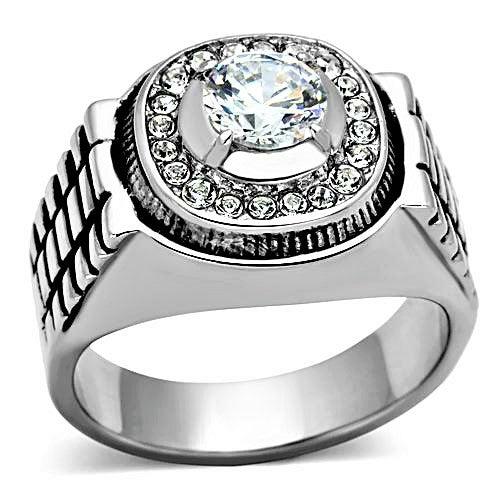 Men's Ring Round Halo Stainless Steel Raised CZ Bold Silver Tone Ring Size 8-13 - Jewelry Store by Erik Rayo