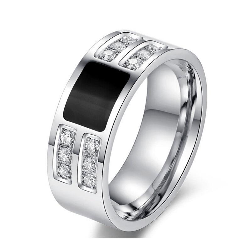 Men's Ring Squared Onyx Diamonds Stainless Steel Enamel and Cubic Zirconia Comfort Fit Wedding Band - Jewelry Store by Erik Rayo