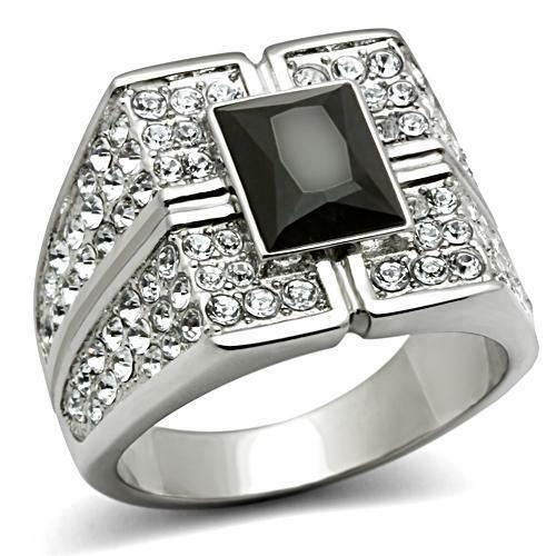 Men's Stainless Steel Square Rectangle Black Onyx & Pave CZ Ring - ErikRayo.com