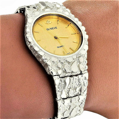 Men's Watch 925 Sterling Silver Nugget Wrist Watch with Geneve Watch 8.5