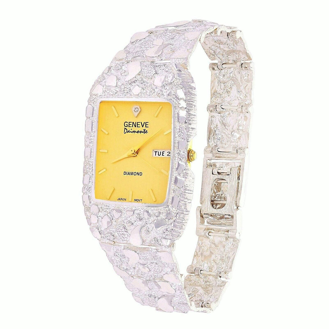 Mens 925 Sterling Silver Nugget Wrist Watch Geneve Real Natural Diamond Watch 7-7.5