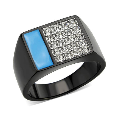 Mens Black Ring Rectangular Turquoise Stainless Steel Ring in Sea Blue with Diamonds - Jewelry Store by Erik Rayo