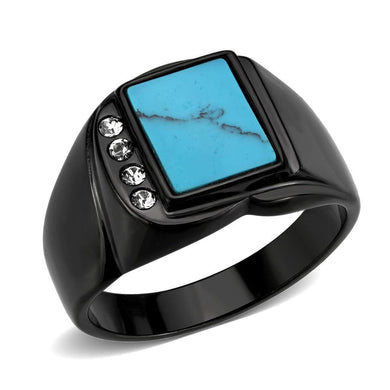 Mens Black Ring Rectangular Turquoise Stainless Steel Ring in Sea Blue with Side Diamonds - Jewelry Store by Erik Rayo