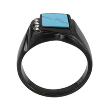 Load image into Gallery viewer, Mens Black Ring Rectangular Turquoise Stainless Steel Ring in Sea Blue with Side Diamonds - Jewelry Store by Erik Rayo
