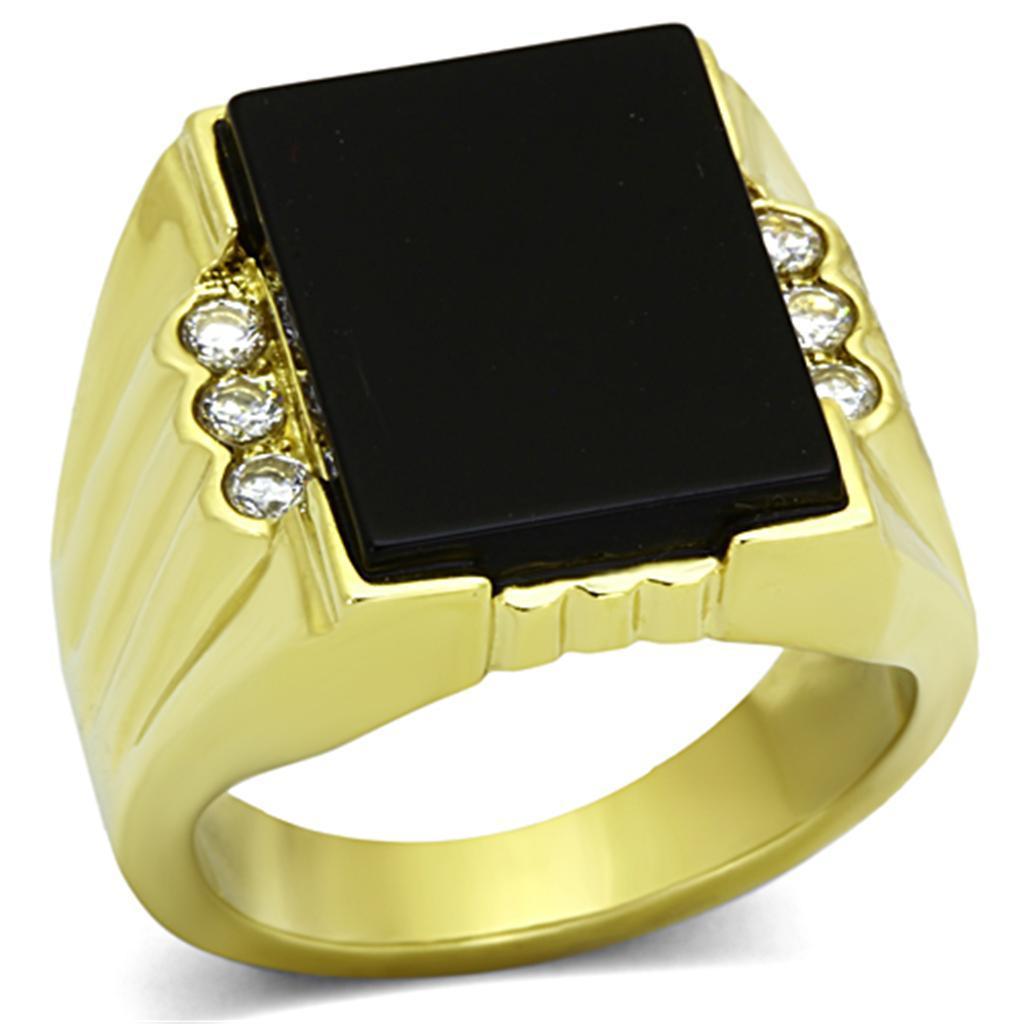 Mens Gold Ring 316L Stainless Steel Anillo Color Oro Para Hombre Ninos Acero Inoxidable with Synthetic Onyx in Jet Hope - Jewelry Store by Erik Rayo