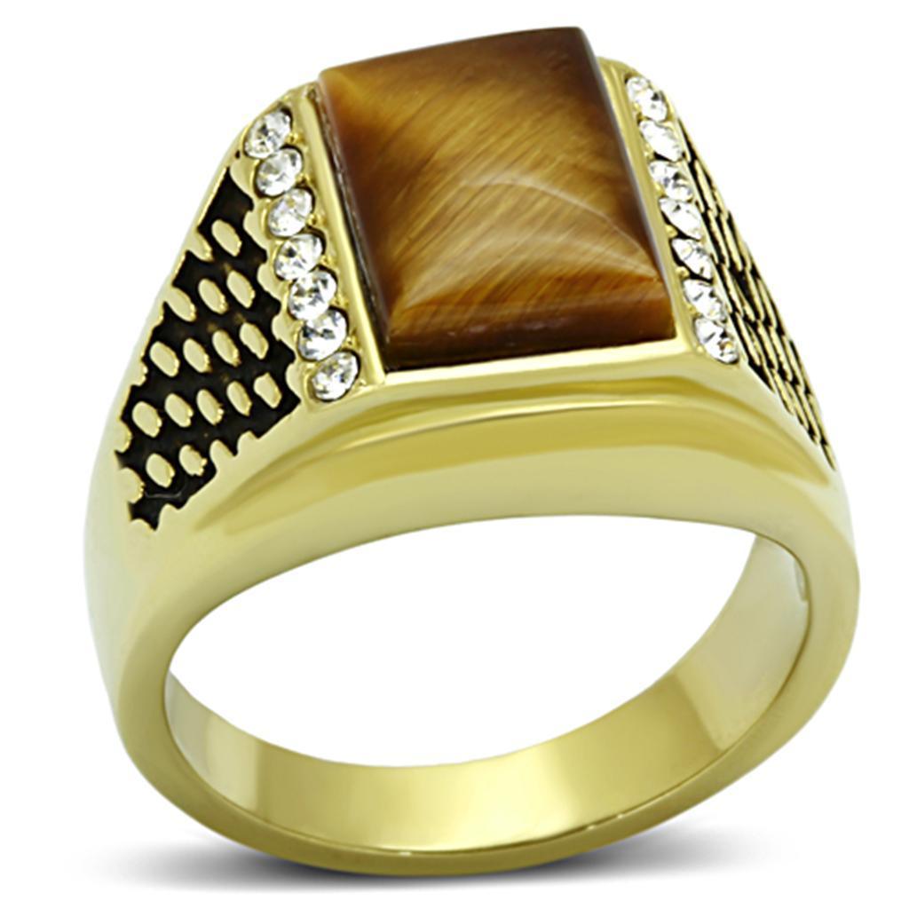 Mens Gold Ring 316L Stainless Steel Anillo Color Oro Para Hombre Ninos Acero Inoxidable with Synthetic Tiger Eye in Topaz Jescha - Jewelry Store by Erik Rayo