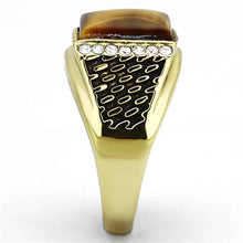 Load image into Gallery viewer, Mens Gold Ring Stainless Steel Anillo Color Oro Para Hombre Acero Inoxidable with Synthetic Tiger Eye in Topaz Jescha - Jewelry Store by Erik Rayo

