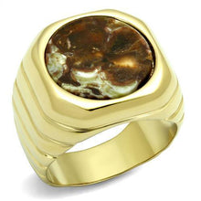 Load image into Gallery viewer, Mens Gold Rings Stainless Steel Semi-Precious Oligoclase in Smoked Quartz Anillo Oro de Compromiso Para Hombre Acero Inoxidable - Jewelry Store by Erik Rayo
