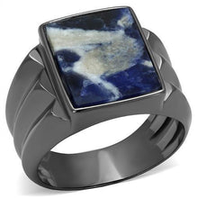 Load image into Gallery viewer, Mens Gray Rings Stainless Steel Sodalite in Capri Blue Anillo Gris Azul Compromiso Regalo Para Hombre Acero Inoxidable - Jewelry Store by Erik Rayo
