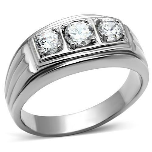 Mens Ring 3 Round Cut Cubic Zirconia cz Silver Stainless Steel - Jewelry Store by Erik Rayo