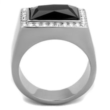 Load image into Gallery viewer, Mens Ring Black Silver Stainless Steel Ring with Synthetic Onyx in Jet - ErikRayo.com
