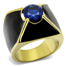 Load image into Gallery viewer, Mens Ring Blue Gold Black Round Cut Pyramid Stainless Steel Ring with AAA Grade CZ in London Blue - Jewelry Store by Erik Rayo
