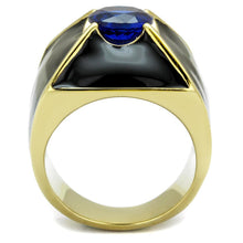 Load image into Gallery viewer, Mens Ring Blue Gold Black Round Cut Pyramid Stainless Steel Ring with AAA Grade CZ in London Blue - Jewelry Store by Erik Rayo
