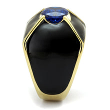 Load image into Gallery viewer, Mens Ring Blue Gold Black Round Cut Pyramid Stainless Steel Ring with AAA Grade CZ in London Blue - Jewelry Store by Erik Rayo
