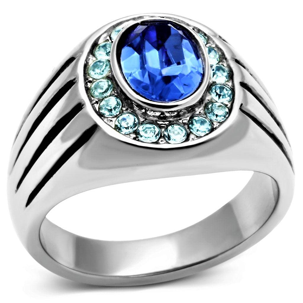 Mens Ring Blue Round Stainless Steel Ring with Top Grade Crystal in Sapphire - Jewelry Store by Erik Rayo