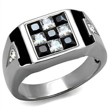 Load image into Gallery viewer, Mens Ring Checkers Silver Black Stainless Steel Ring with AAA Grade CZ in Jet - Jewelry Store by Erik Rayo
