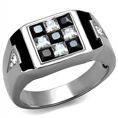 Mens Ring Checkers Silver Black Stainless Steel Ring with AAA Grade CZ in Jet - Jewelry Store by Erik Rayo