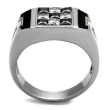 Load image into Gallery viewer, Mens Ring Checkers Silver Black Stainless Steel Ring with AAA Grade CZ in Jet - Jewelry Store by Erik Rayo
